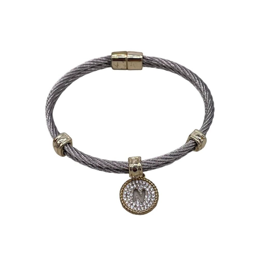 Rhinestone Initial N Charm Wire Wrap Bangle Bracelet Preppy College Evening